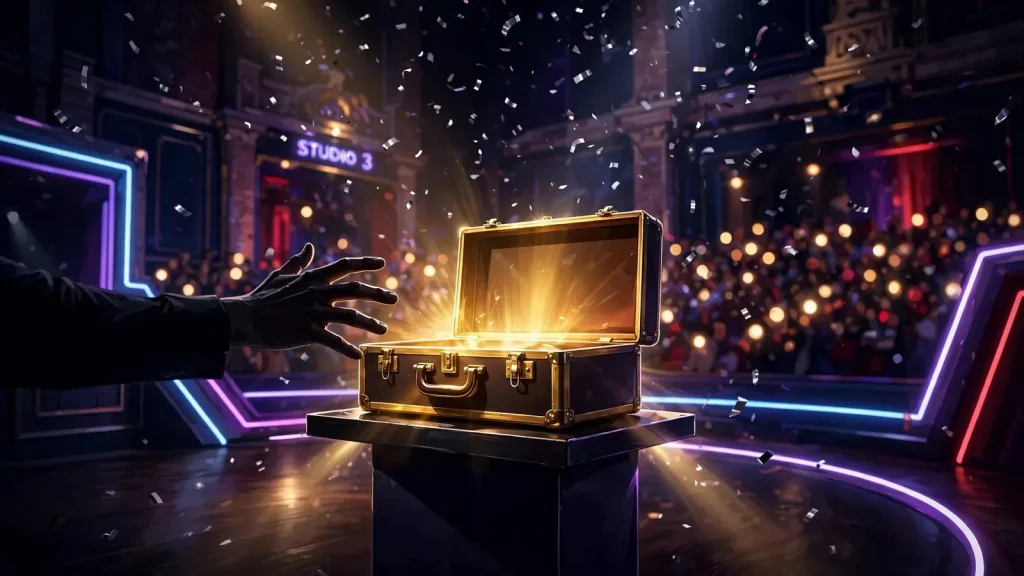 Golden briefcase on a spotlight-lit Deal or No Deal game show stage with neon lighting and confetti