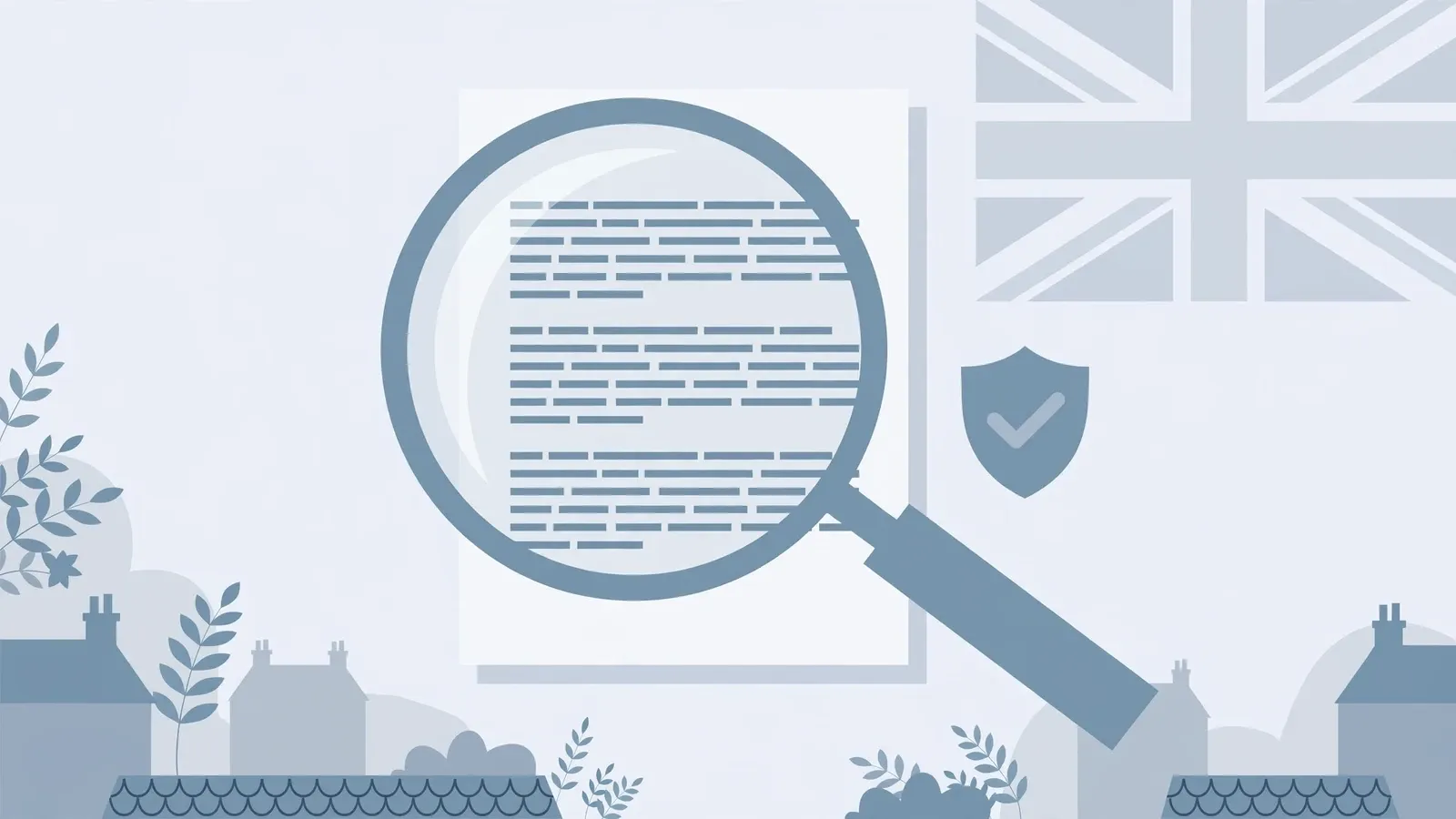 Magnifying glass over a disclaimer document with a shield icon and subtle UK flag watermark