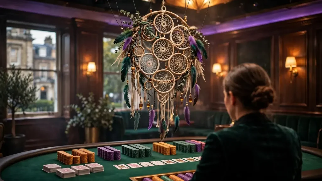 Dreamcatcher above a warmly lit live dealer table