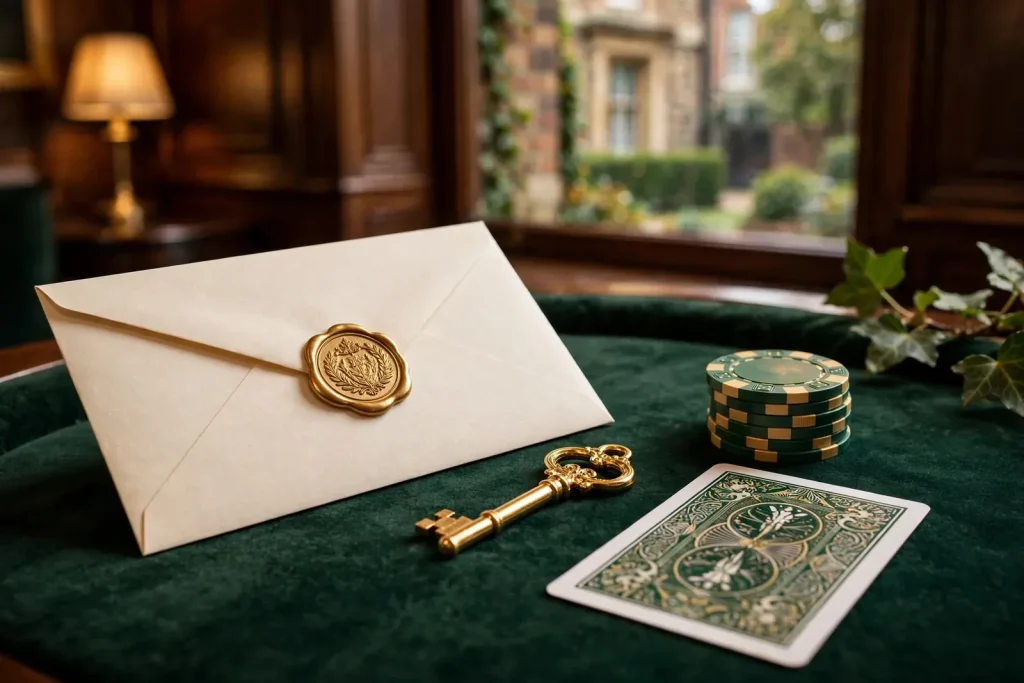 Premium UK casino bonus envelope, golden key, chips and card on velvet