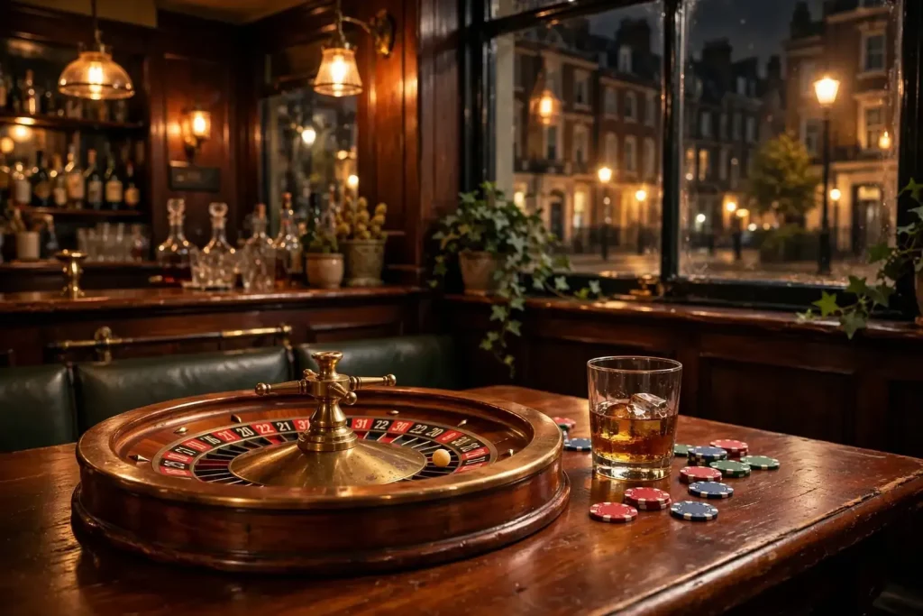 British pub interior with roulette wheel, whisky glass, and poker chips