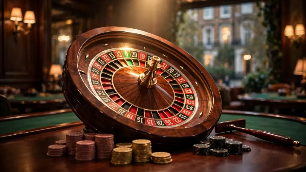 French roulette wheel with green zero highlighted on a wooden casino table