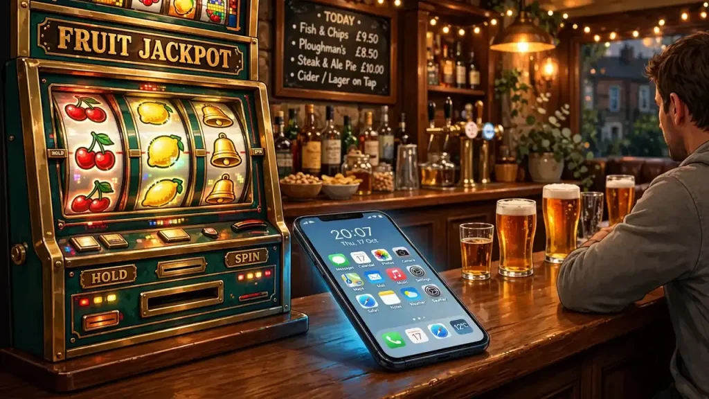 Classic fruit slot machine beside a smartphone in a British pub setting