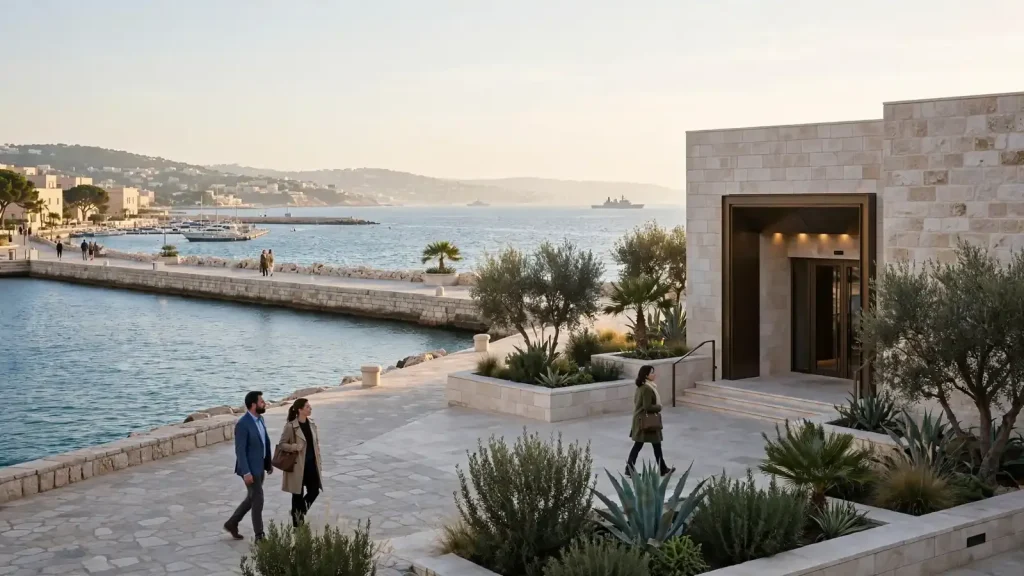 Modern Gibraltar waterfront casino entrance near the Mediterranean coast