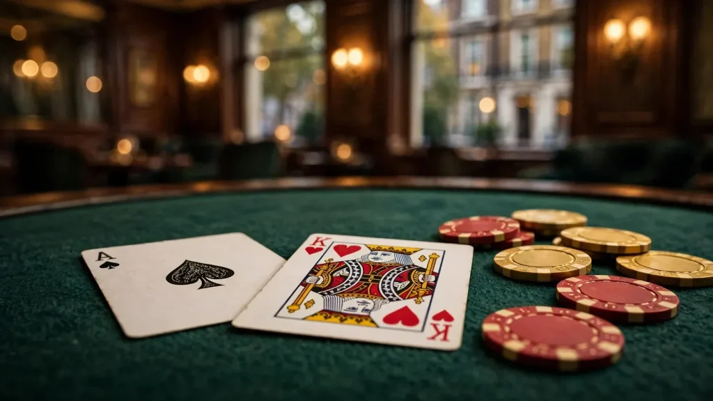 Ace and King playing cards on green felt with casino chips