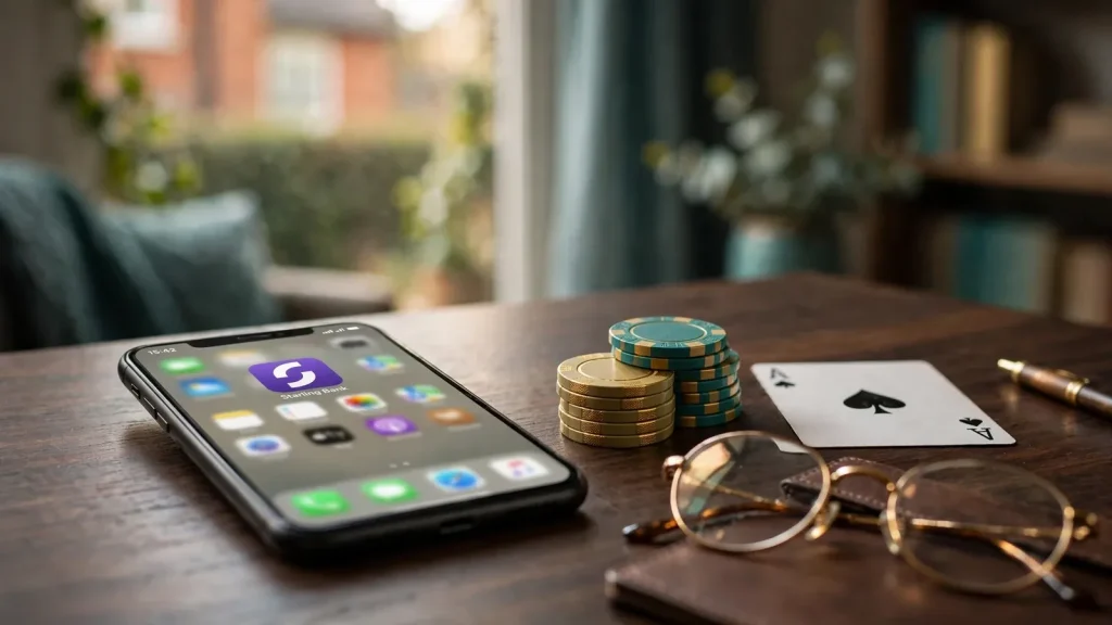 Smartphone with banking app on a desk alongside casino chips and a playing card