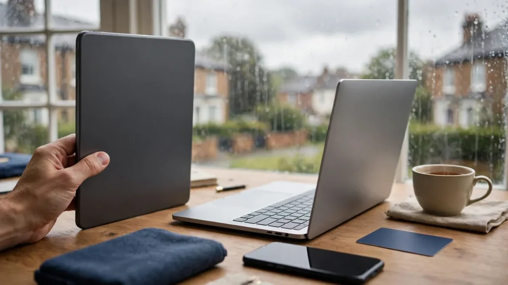 Person holding an iPad in a British home while preparing a secure online casino payment.