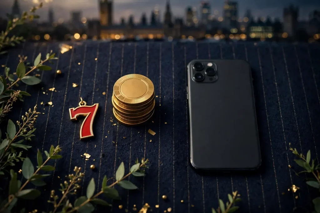 Face-down smartphone beside gold chips on a dark surface with London skyline