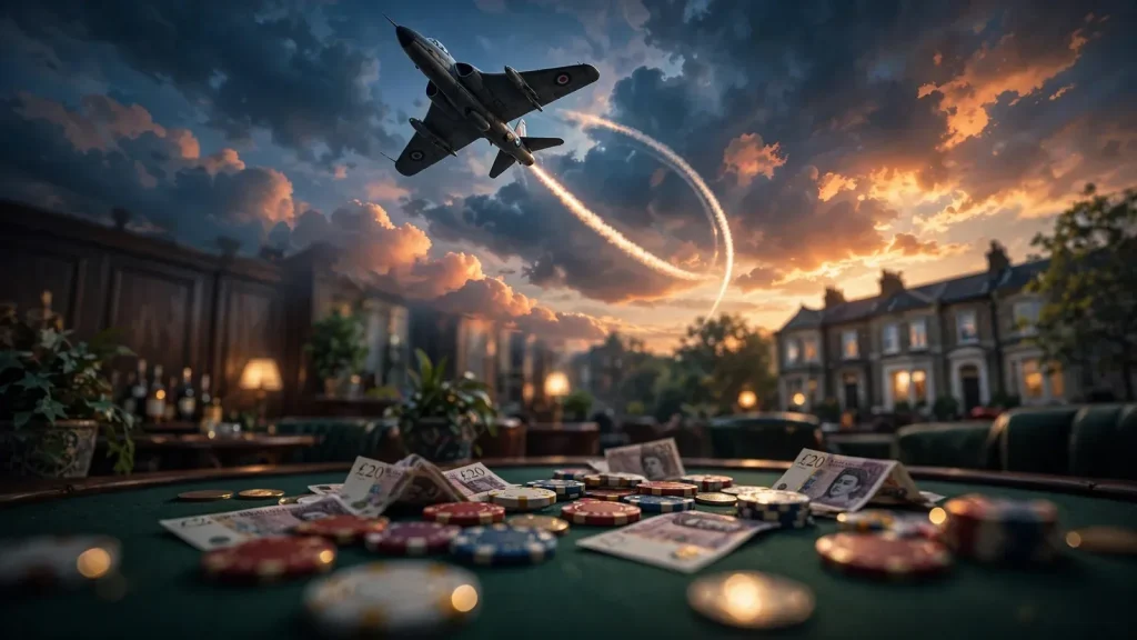 Vintage fighter jet climbing into dramatic sunset sky above blurred casino chips and pounds on a green felt table