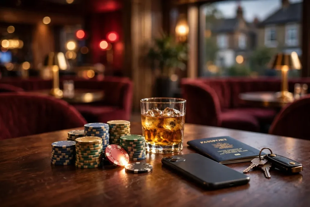 Casino chips, whisky glass and face-down phone on a wooden table