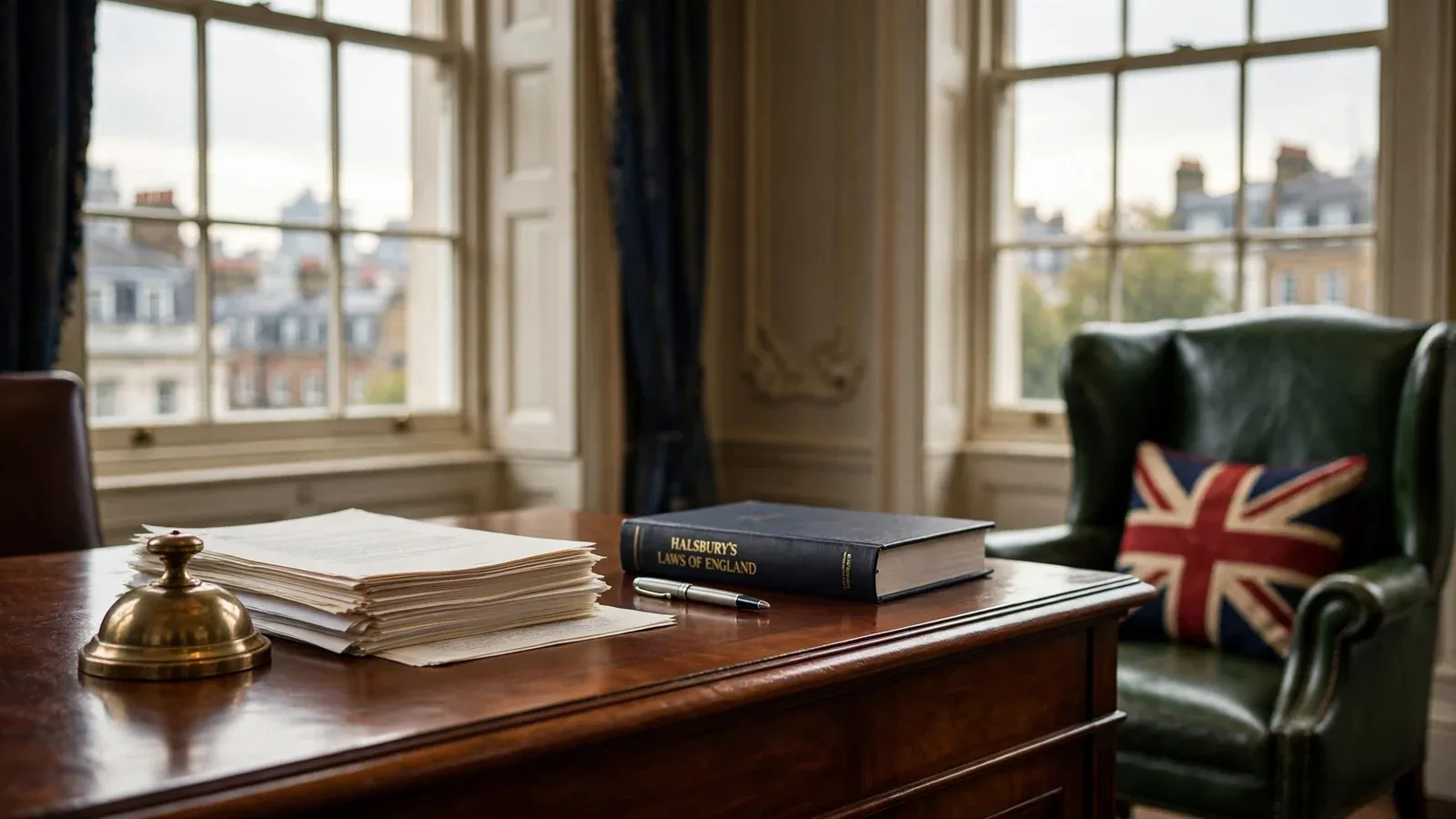 Formal London office desk with legal documents and Union Jack cushion, conveying publisher authority.