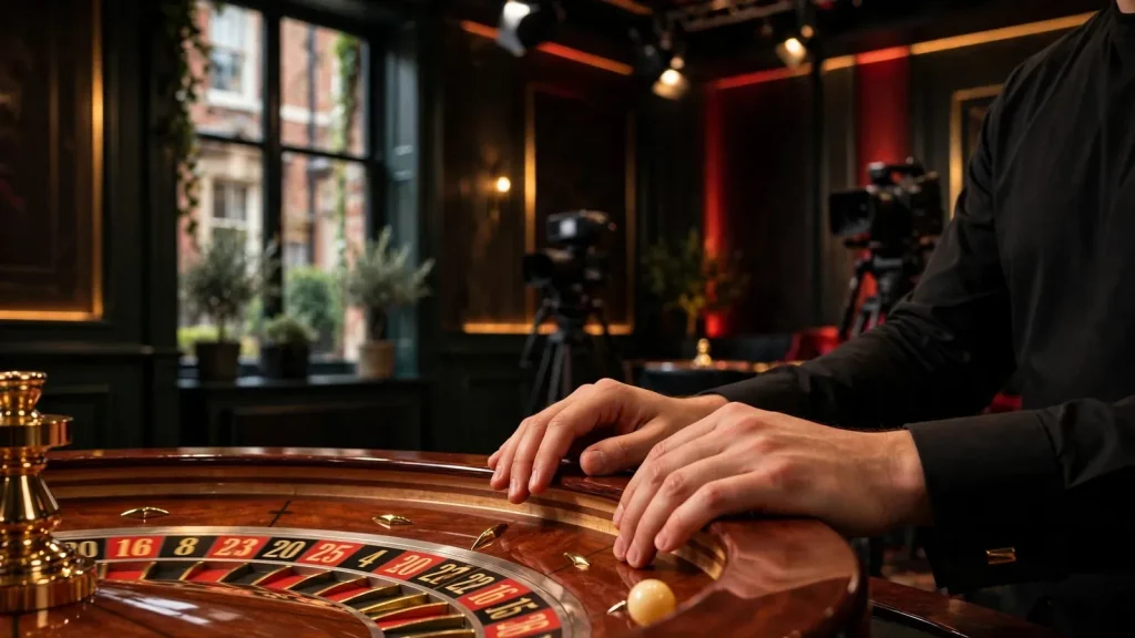 Live dealer spinning a roulette wheel in a premium UK casino studio