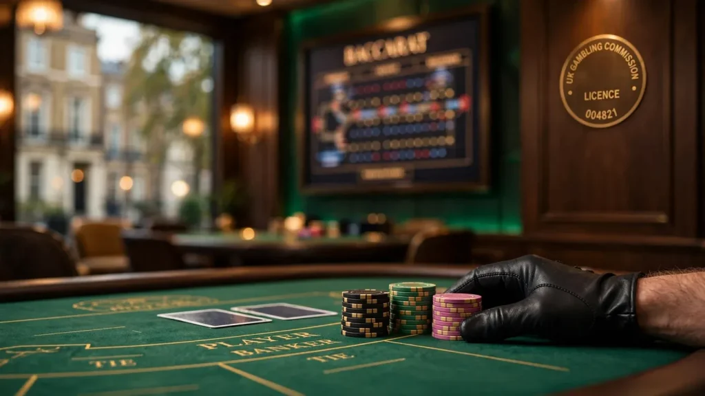 Live baccarat table with dealer, chips and cards in a UK-regulated casino studio.