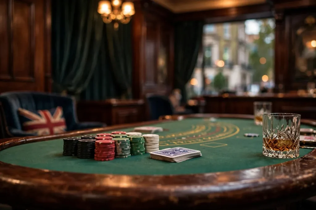 Elegant London casino blackjack table with chips and cards