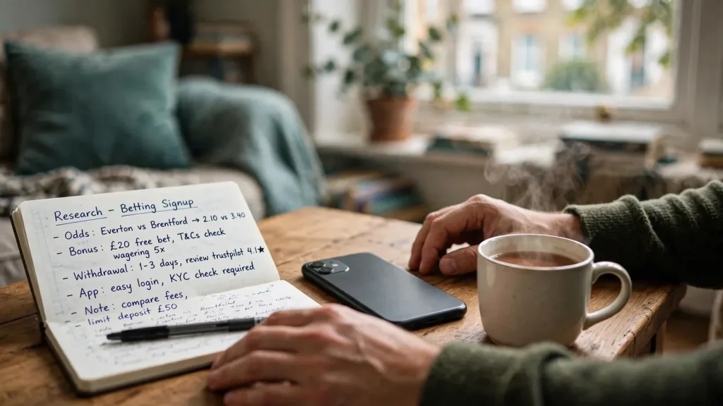 Hands placing a smartphone face-down beside tea and a notebook