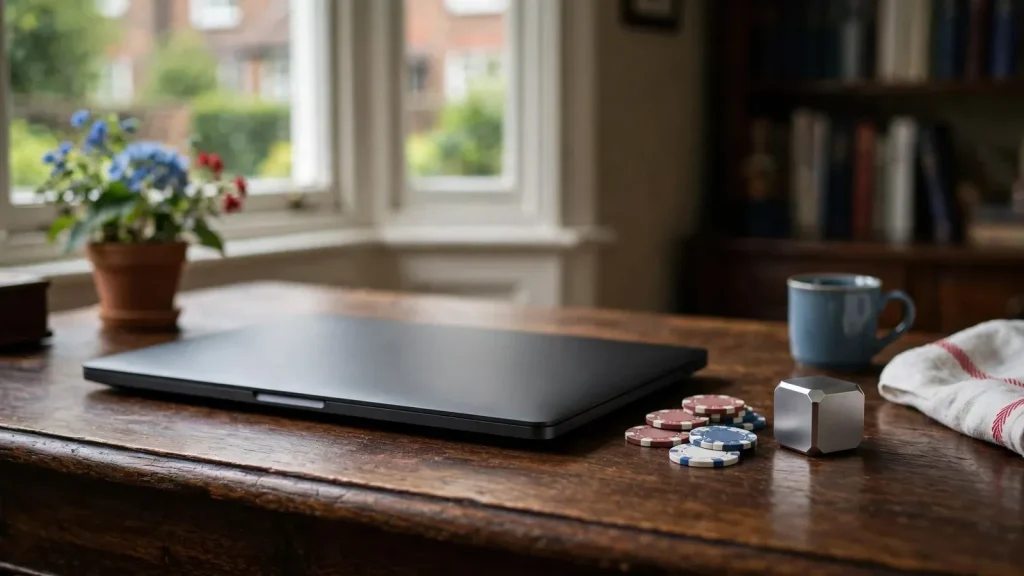 Closed laptop with casino chips and a mining cube on a British desk