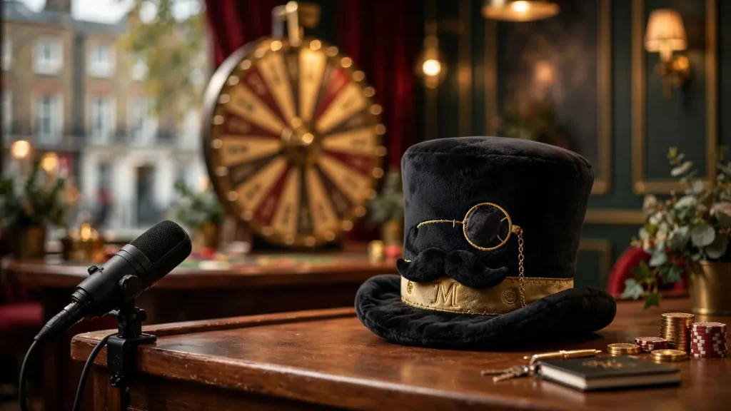 London-themed live casino studio with empty dealer desk and money wheel