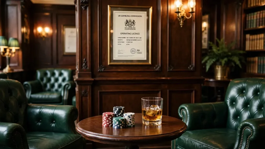 British club interior with casino chips and a UK Gambling Commission licence on the wall