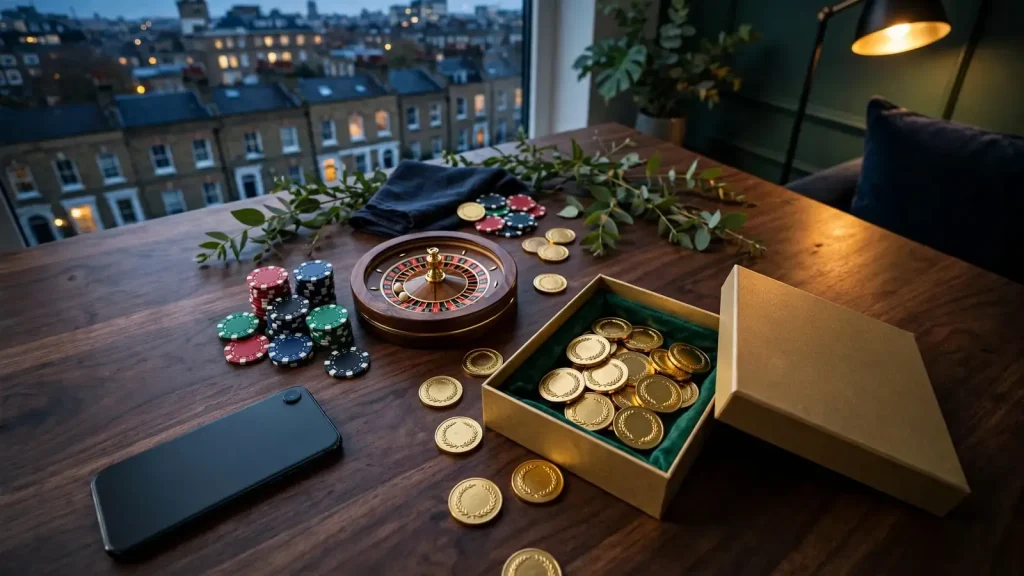 Face-down smartphone with casino chips, roulette wheel and golden bonus tokens in a London interior.
