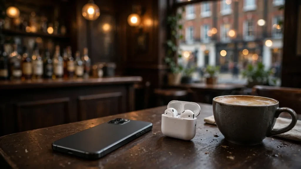 Modern smartphone on a wooden table in a London pub setting, screen turned away.