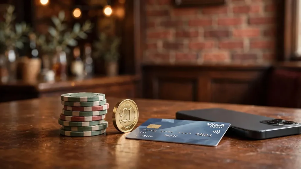 Casino chips, a £1 coin, and a debit card on a wooden table in a British pub interior.