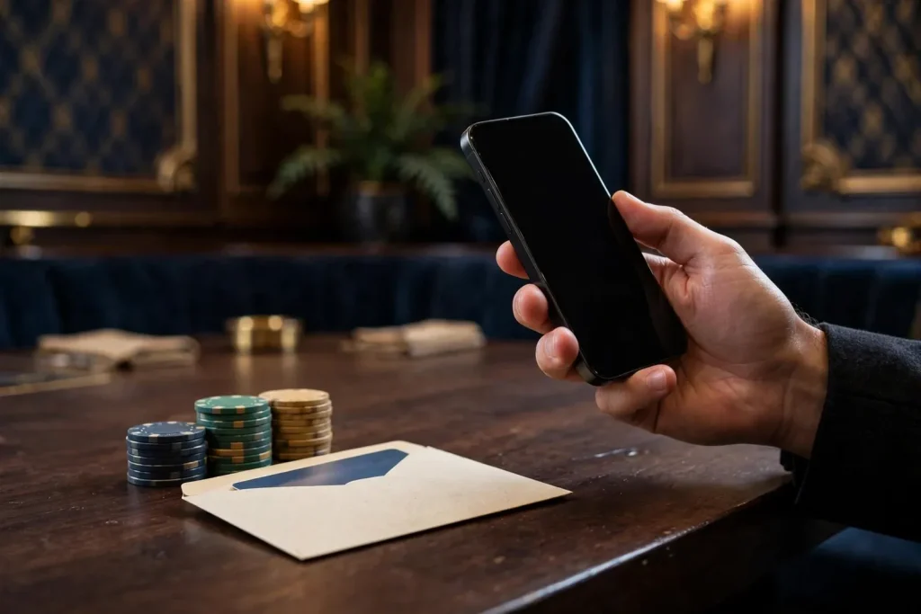 Blank phone, casino chips and bank card on a premium table