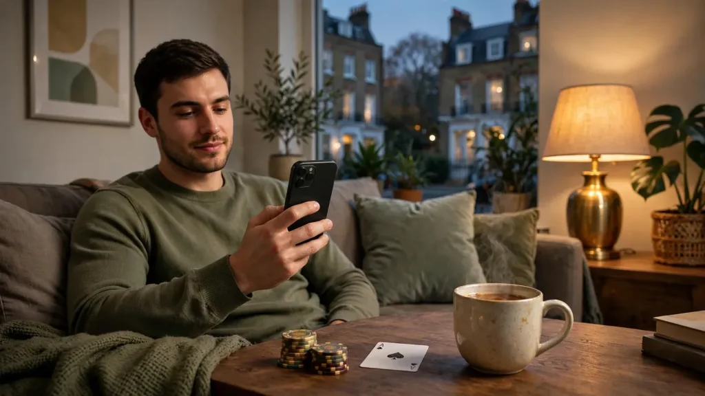 Person relaxing at home with smartphone, casino chips and tea on table