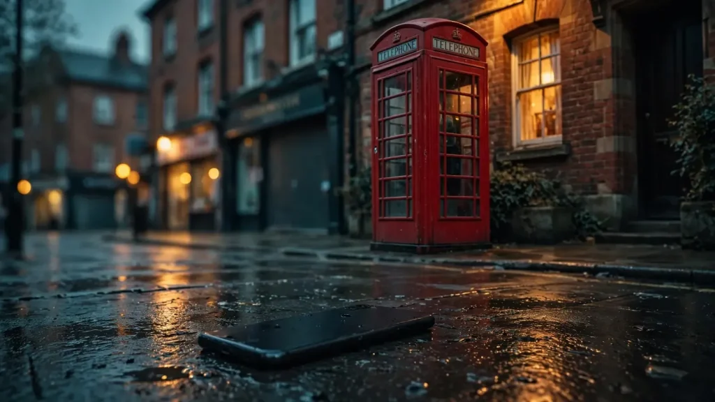 Red telephone box on a British street at dusk with a phone face-down on the pavement.