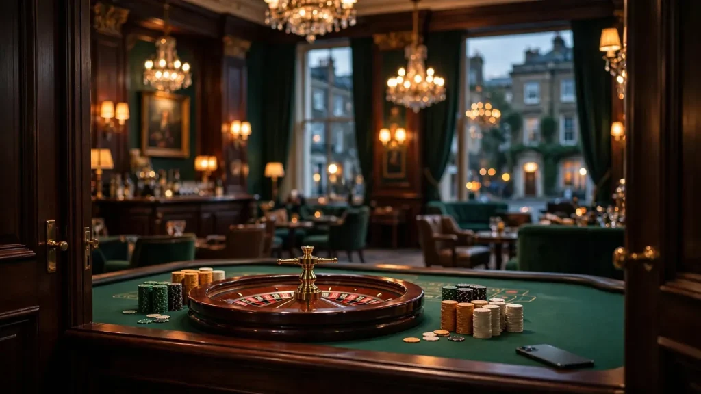 European casino lounge with roulette wheel and chips at dusk