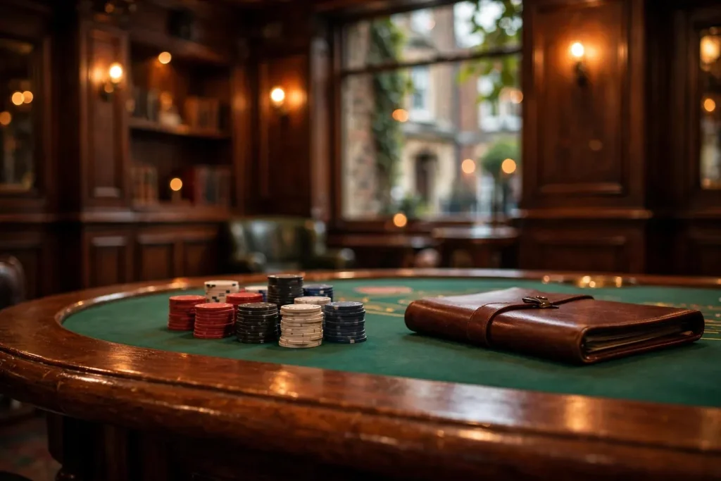 Casino chips and a closed licence folder on a green felt table