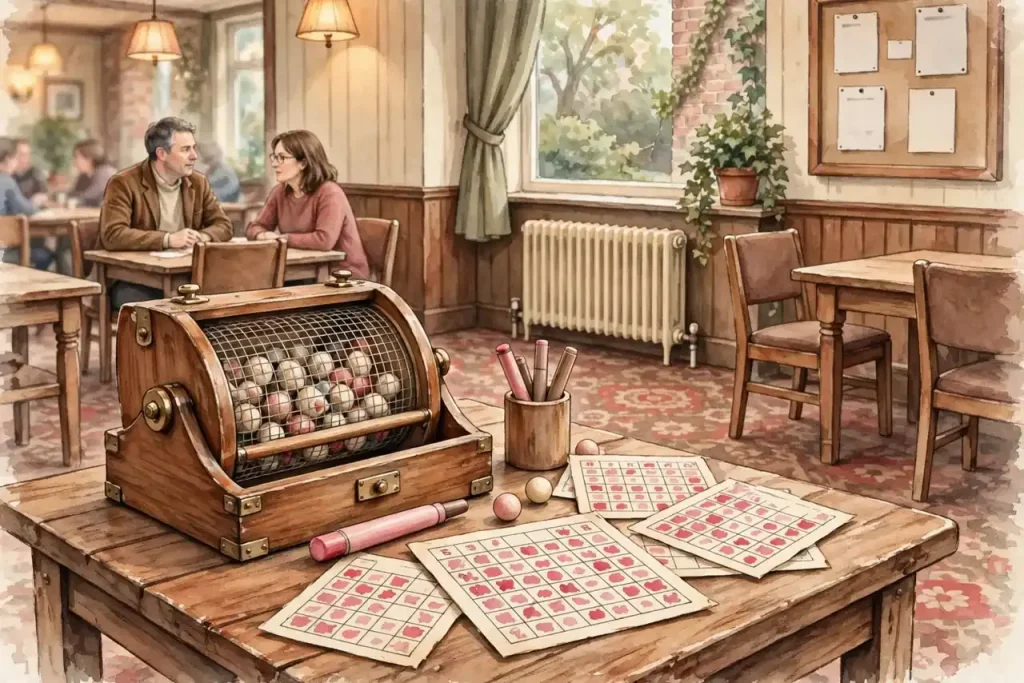 Cozy British bingo hall with a numbered ball cage and printed tickets on a table