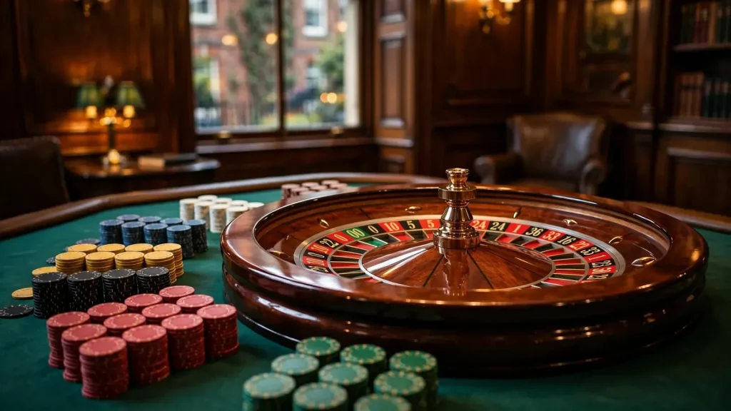 American roulette wheel with double-zero on a casino table with chips
