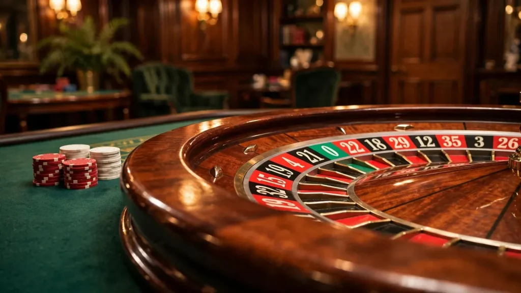 European roulette wheel with single zero and stacked casino chips on green table