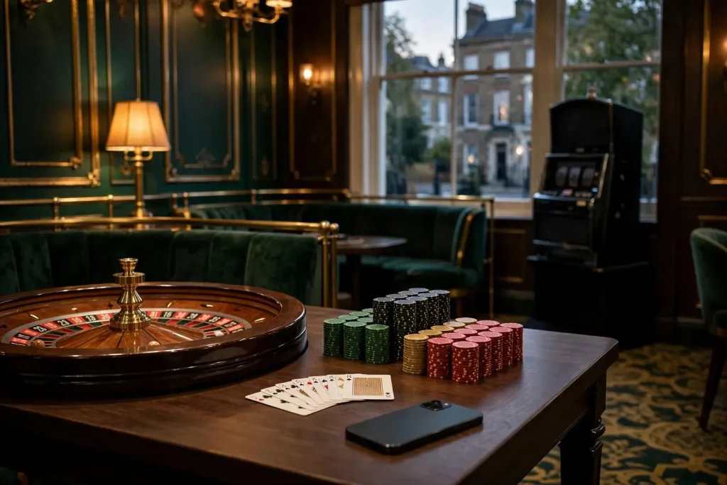 UK casino lounge with roulette wheel, chips, cards, and smartphone