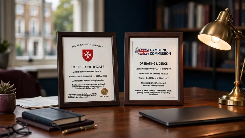 Two regulatory licence certificates displayed on a wooden desk in a London office.