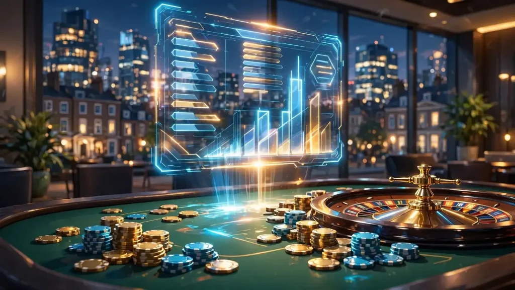 Stylized illustration of an online casino tournament table with chips, roulette wheel, and glowing leaderboard