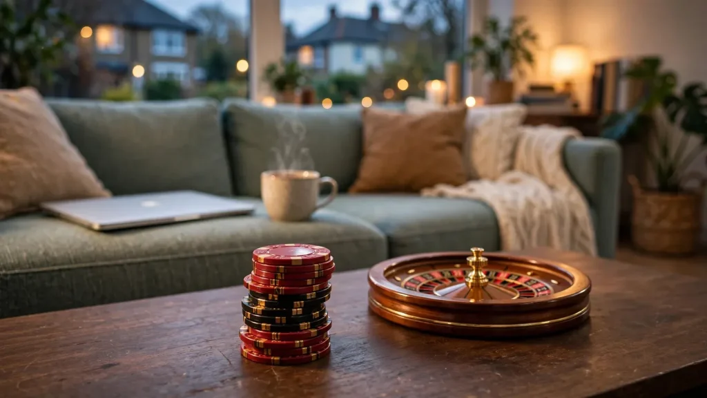 Casino chips and roulette wheel beside closed laptop in cozy British living room at dusk.