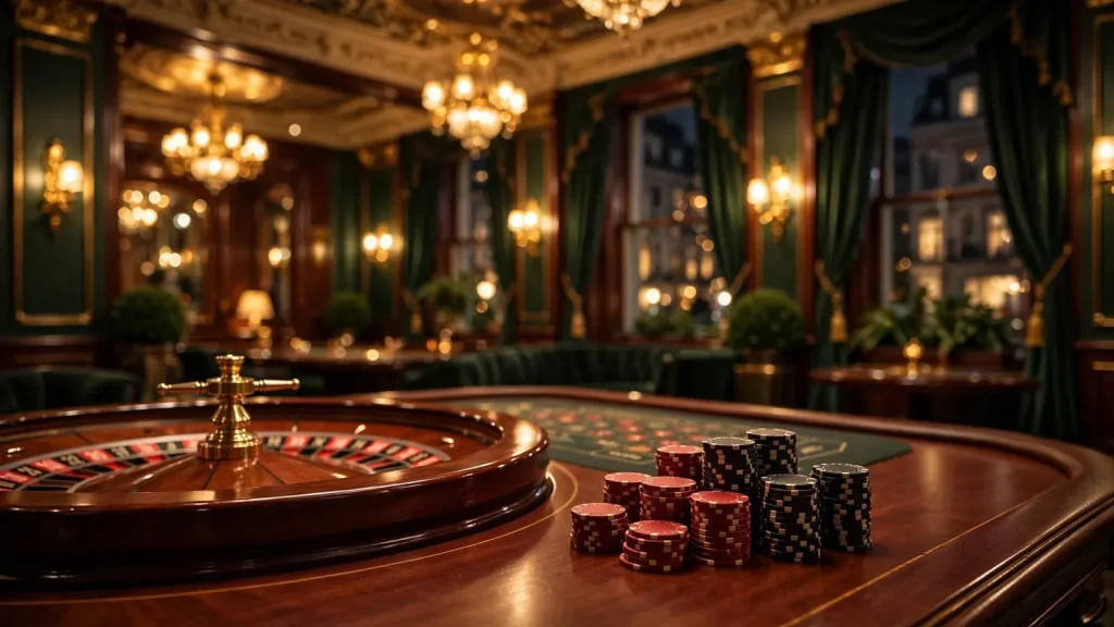 Elegant London casino interior with roulette table and chip stack