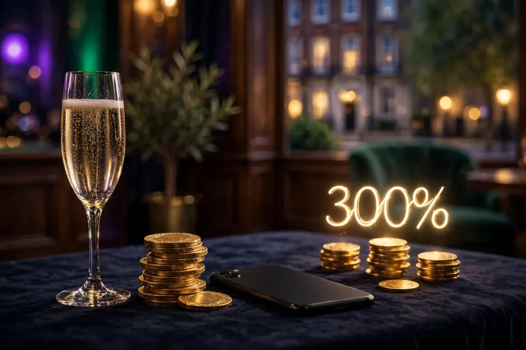 Luxurious casino chips, champagne, and a face-down smartphone evoking a 300% bonus offer.