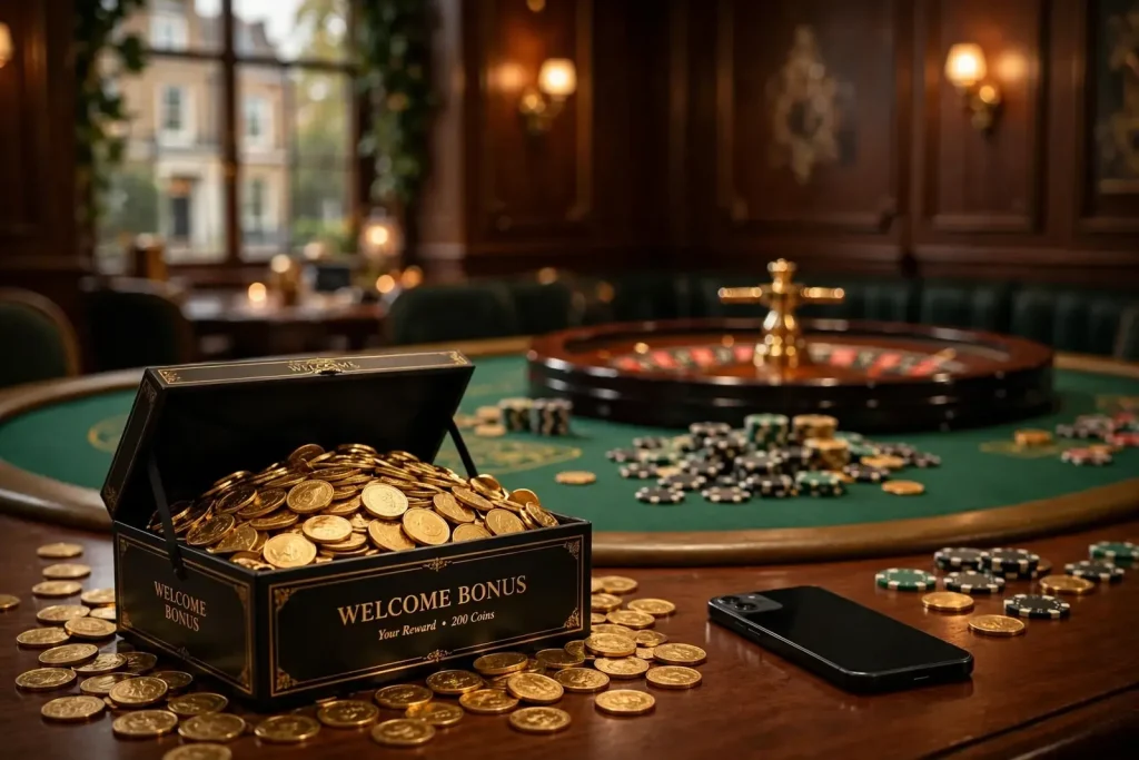 Elegant UK-style casino interior with poker chips, roulette wheel, and a golden gift box suggesting a bonus offer.