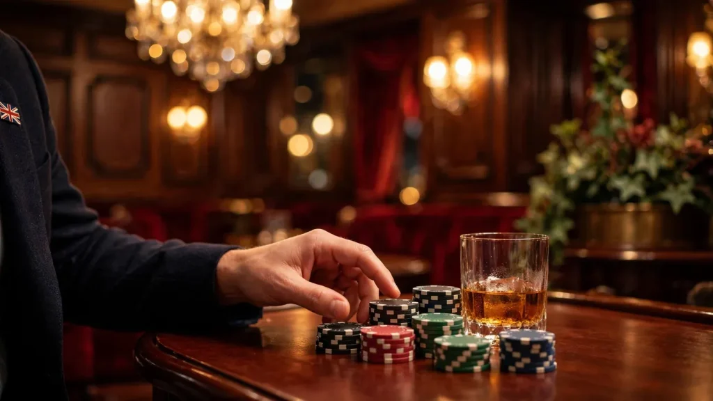Elegant casino lounge with chips and whisky, warm golden lighting.