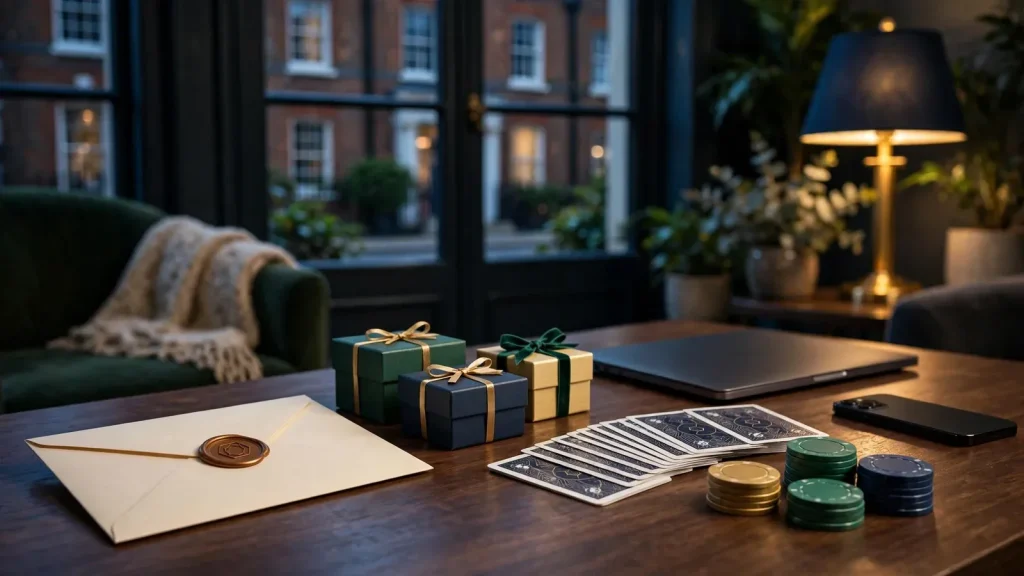 Elegant UK casino lounge with rewards, closed devices and chips