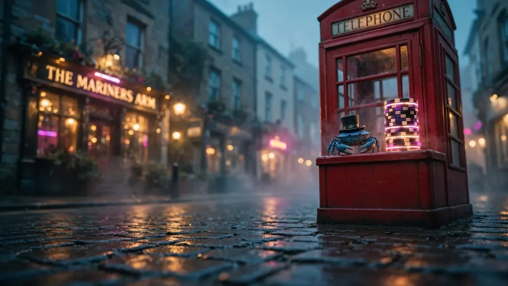 Red British phone booth with a small crab figurine and casino chips at dusk