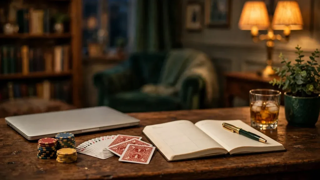 Still life of a closed laptop, casino chips, playing cards, and an open weekly planner on a wooden desk in warm lamplight