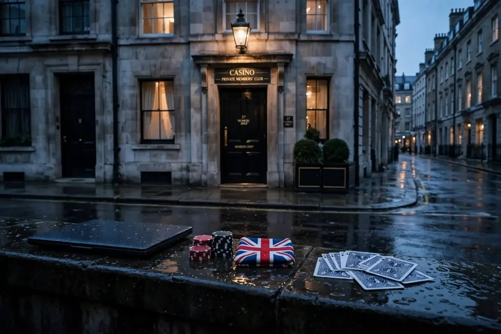 Isolated London casino entrance, closed laptop and red poker chips without sister-site branding
