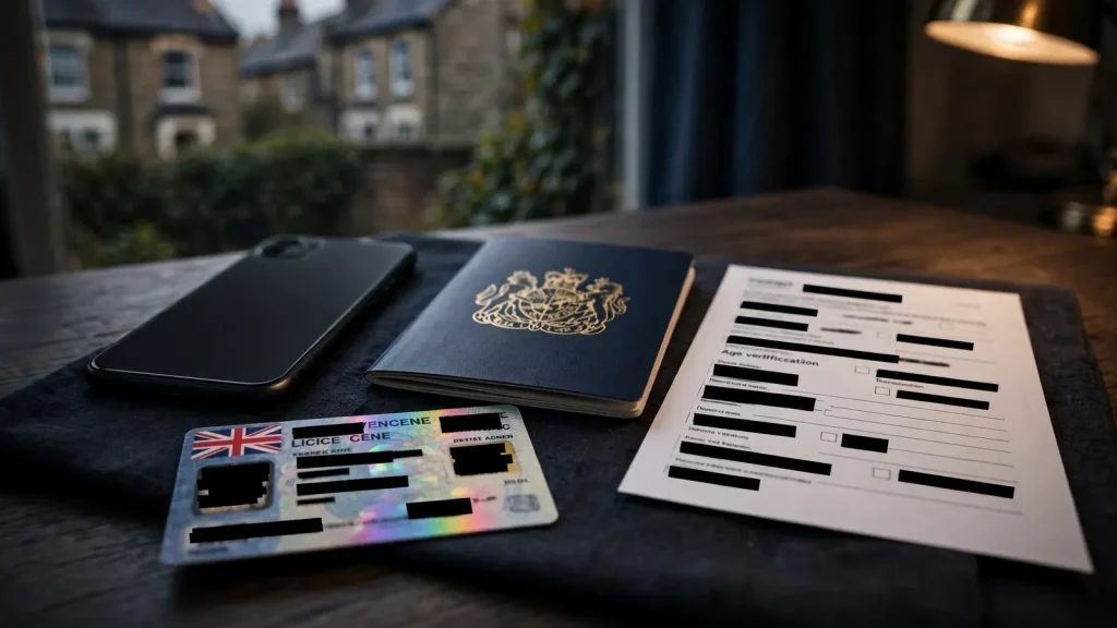 Concealed UK identity documents beside a face-down smartphone on a desk