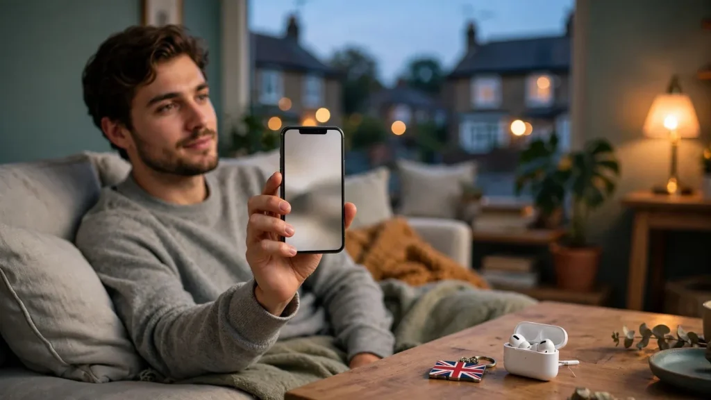 Person using a smartphone in a cozy British living room, suggesting mobile casino deposits.