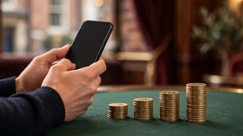 Smartphone beside four stacks of British pound coins