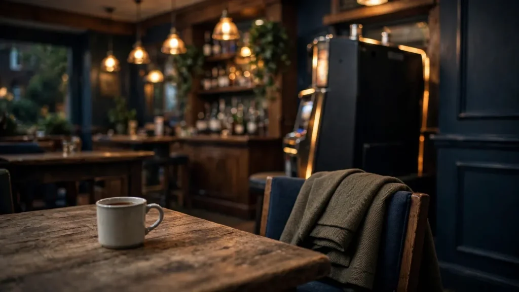 Dimly lit British lounge with an empty slot machine turned away, tea mug on table