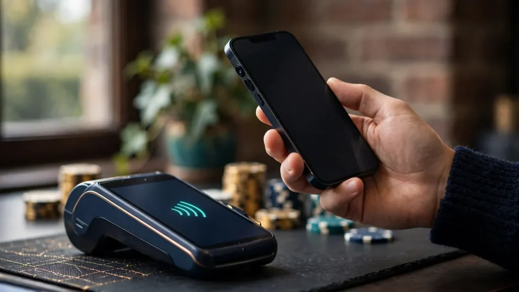UK adult using a smartphone beside a payment terminal and casino chips